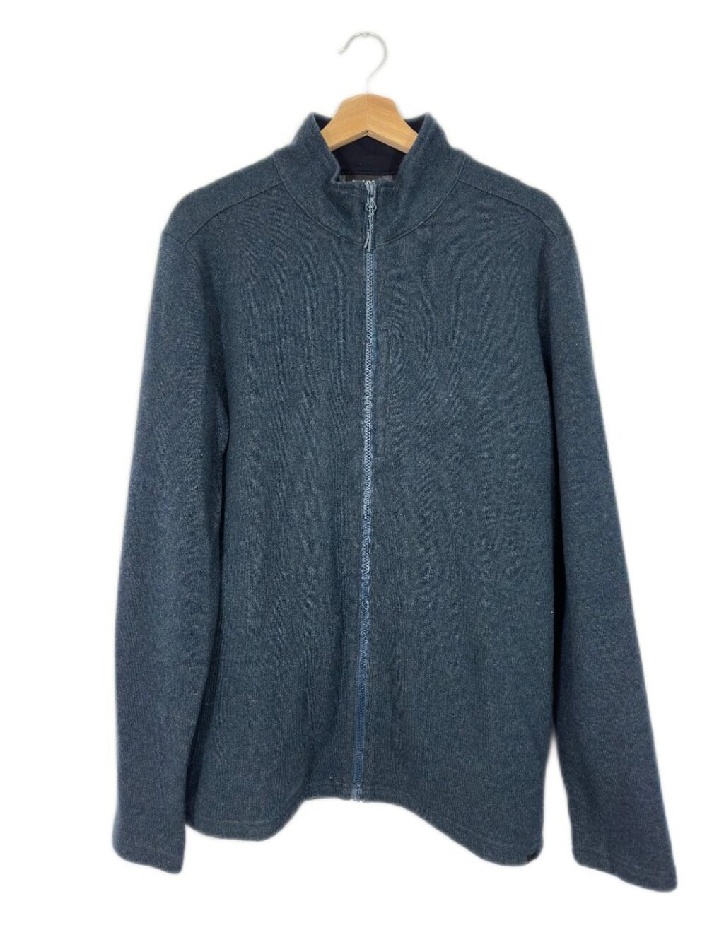 prAna Full Zip Sweater Recycled Wool Blend Size M Blue Outdoor Warm Rugged Hike